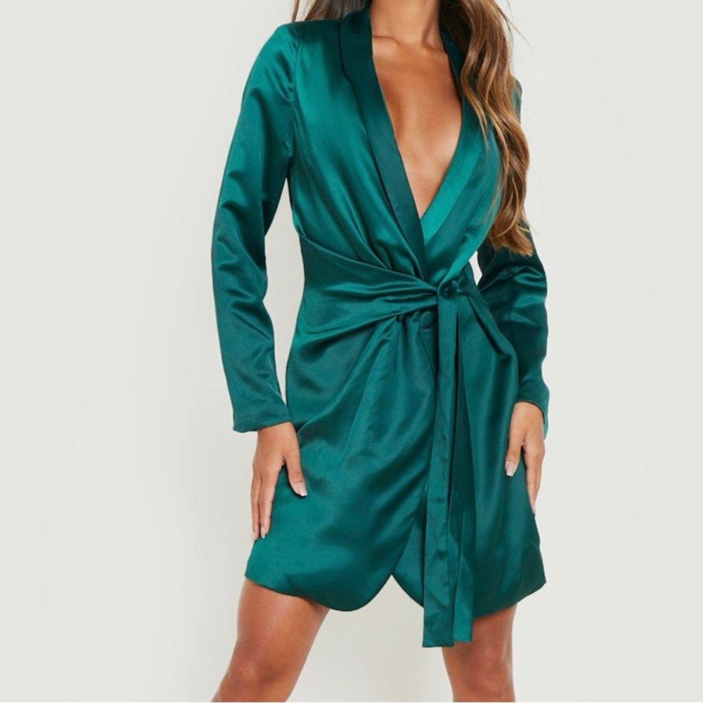 Satin Wrap Belted Blazer Dress , NOTE color CHAMPAGNE